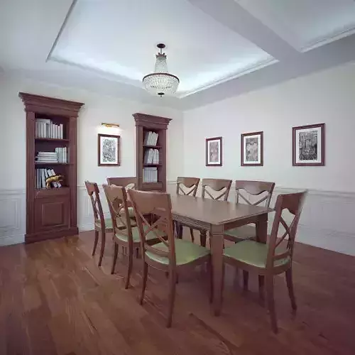 Cabinet dining room with wood floors and chairs