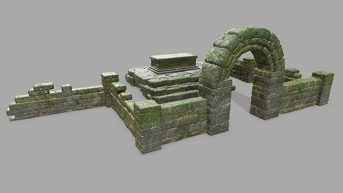 Stone Set wall with arch Low-poly 3D model