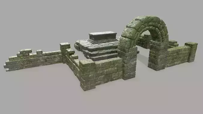 Stone Set wall with arch Low-poly 3D model