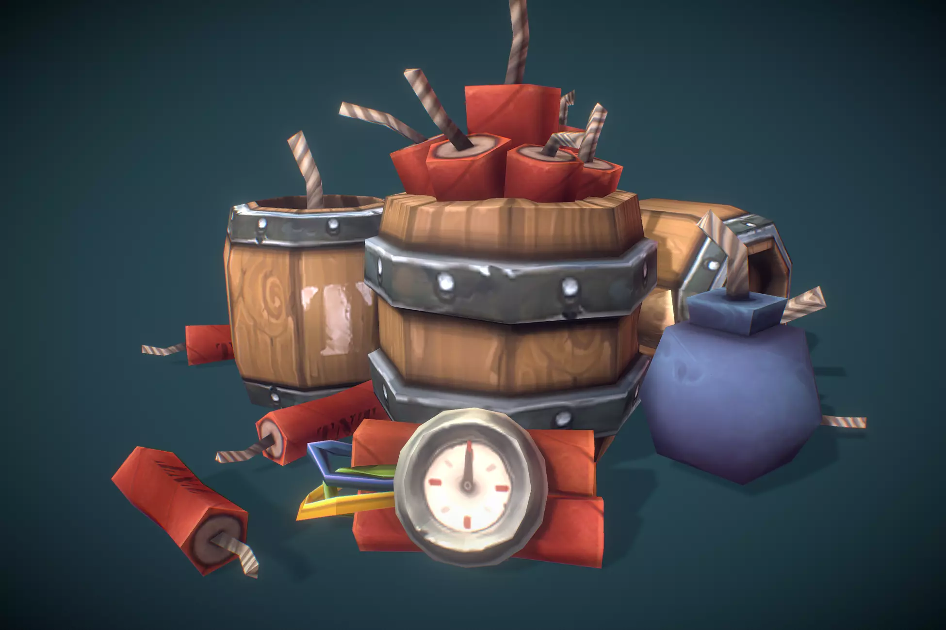 Explosives Barrels n Dynamite - Low Poly Hand Painted Low-poly 3D model_0