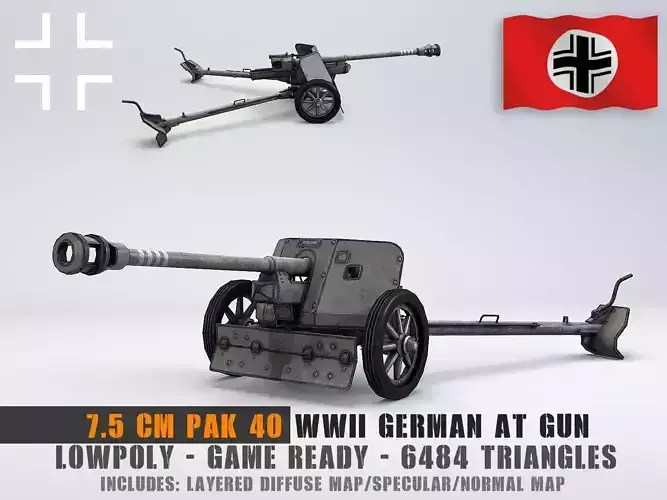 Low Poly 7 5 cm Panzerabwehrkanone 40 Anti Tank Gun Low-poly 3D model