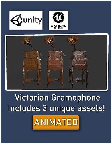 Victorian gramophone - Medieval ANIMATED Low-poly 3D model Low-poly 3D model