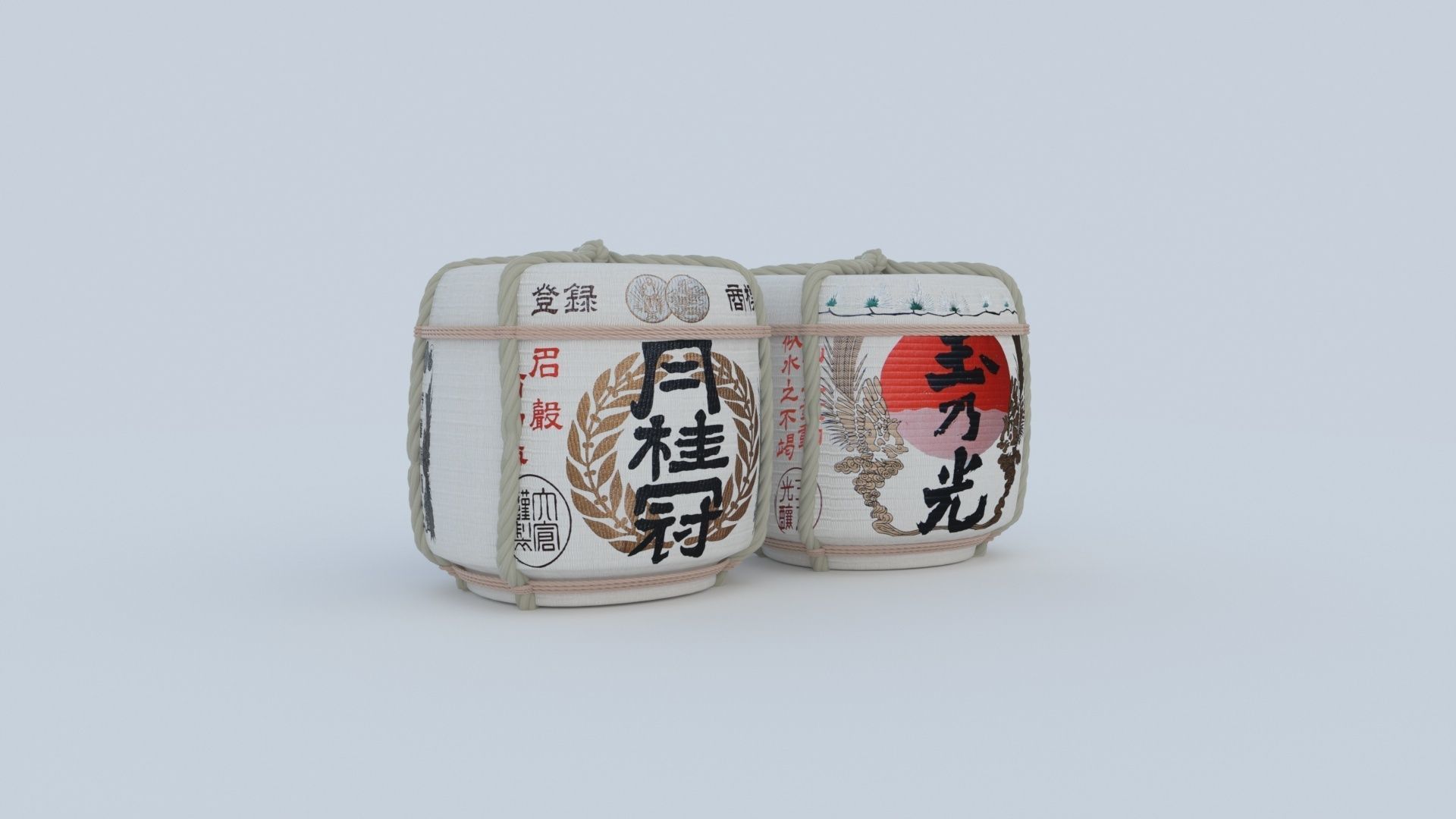 2 Japanese Sake Barrels 3D model_2