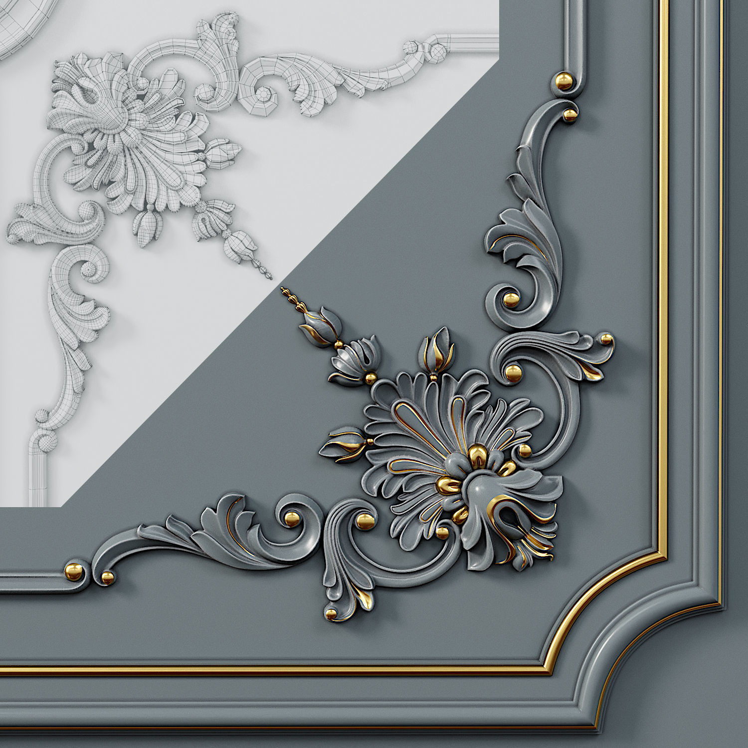 Wall molding 5  Boiserie classic panels Low-poly 3D model_4