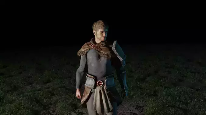 warrior man in armor in field at night