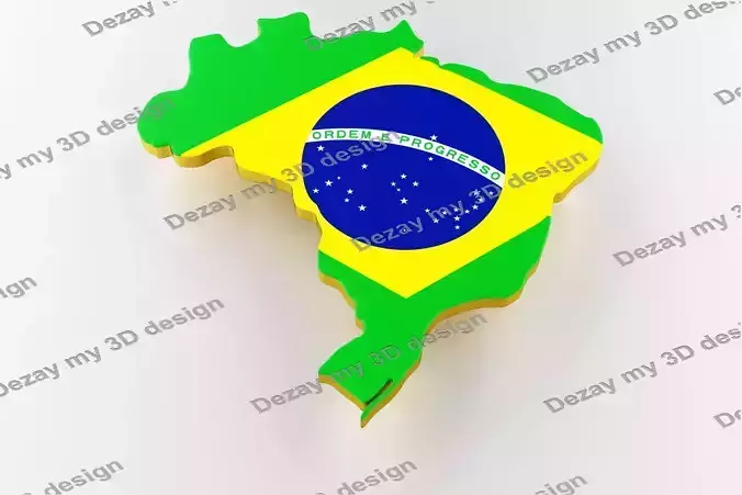 Map of Brazil land border with flag 3D model