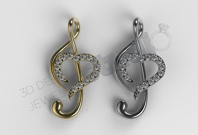 Cute Luxury little music note pendant heart with gems  3d model 3D print model