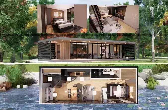 modern mobile home tiny house vacation house on 44m2  Low-poly 3D model