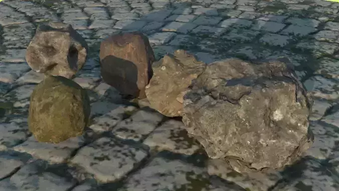 Rock set rocks on cobblestone road