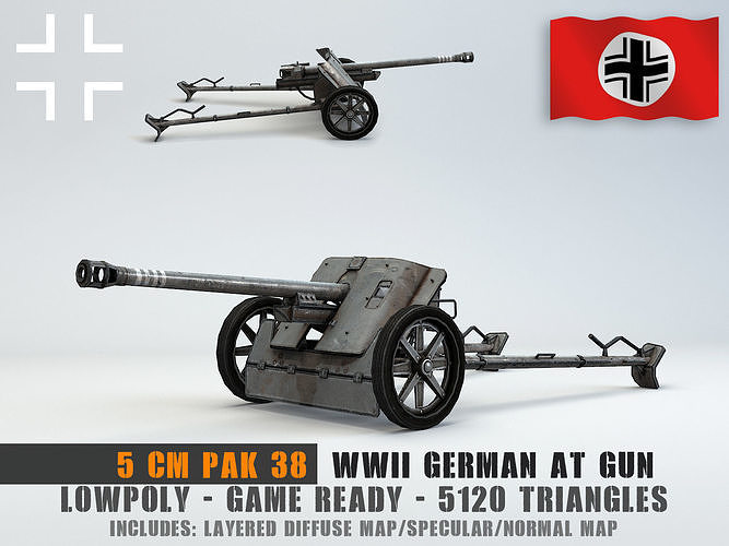 Low Poly 5 cm Panzerabwehrkanone 38 Anti Tank Gun Low-poly 3D model