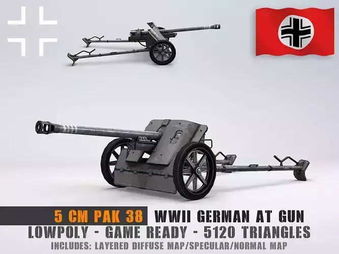 Low Poly 5 cm Panzerabwehrkanone 38 Anti Tank Gun Low-poly 3D model