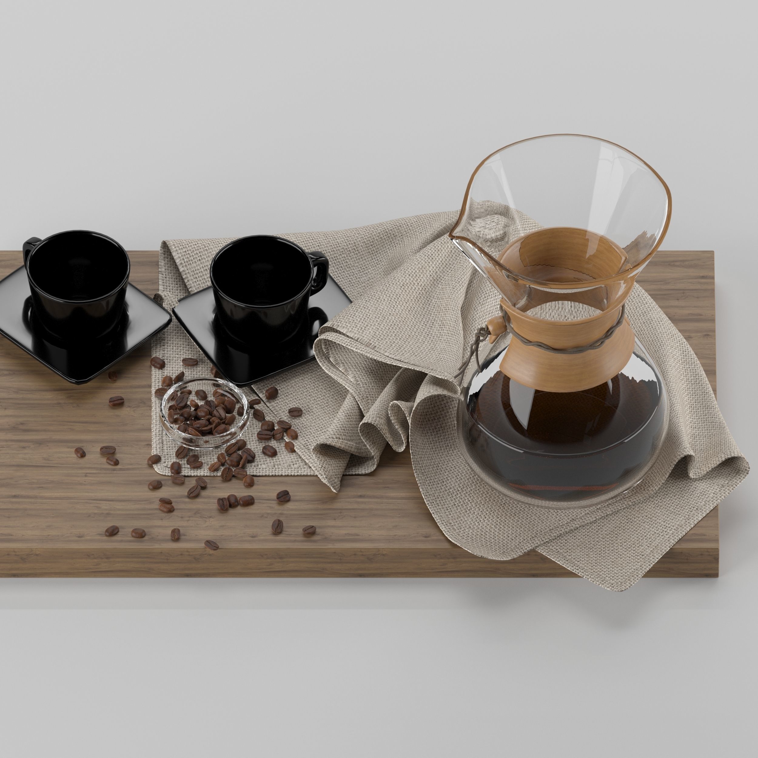 Chemex coffee maker and cups on wooden tray 3D model_15