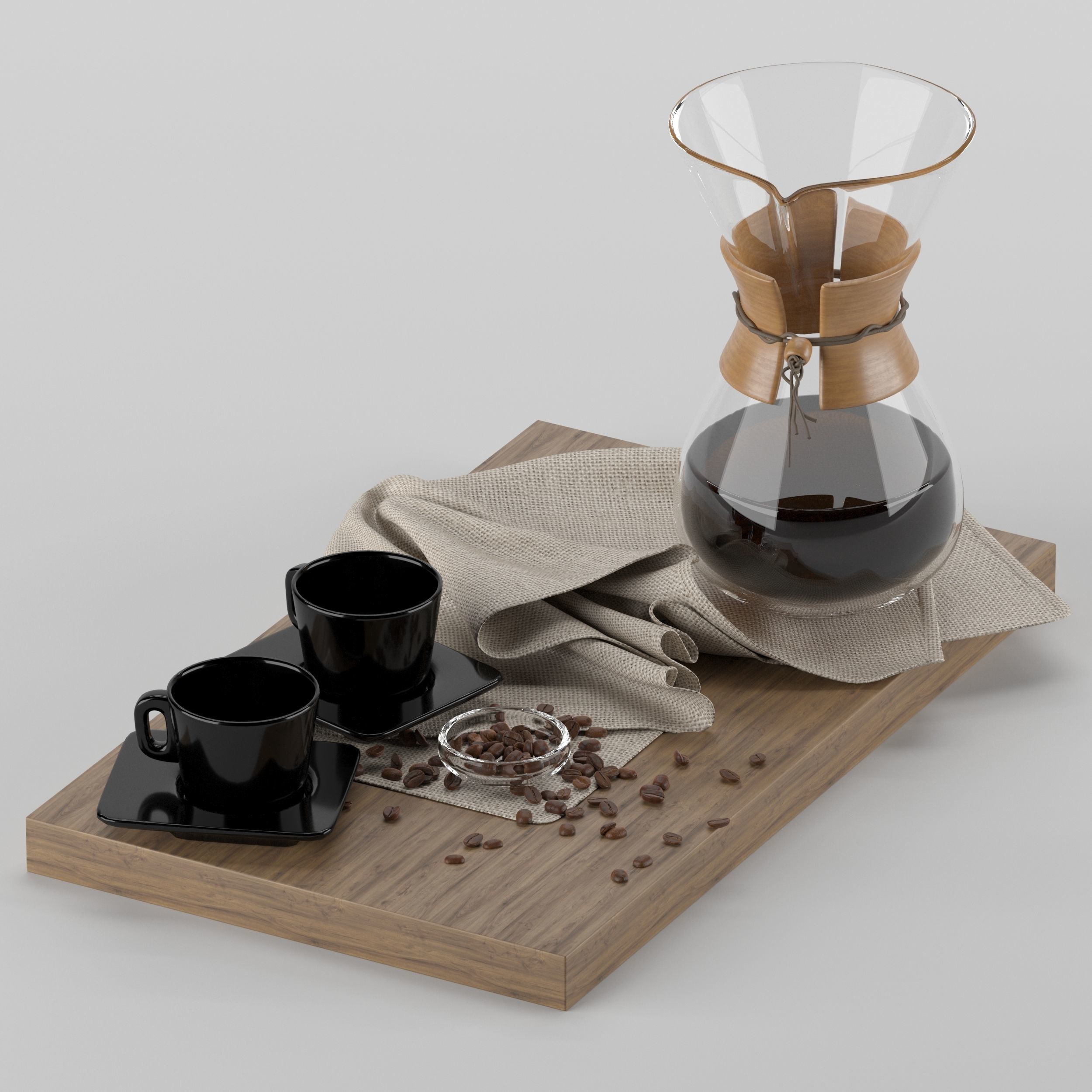 Chemex coffee maker and cups on wooden tray 3D model_3