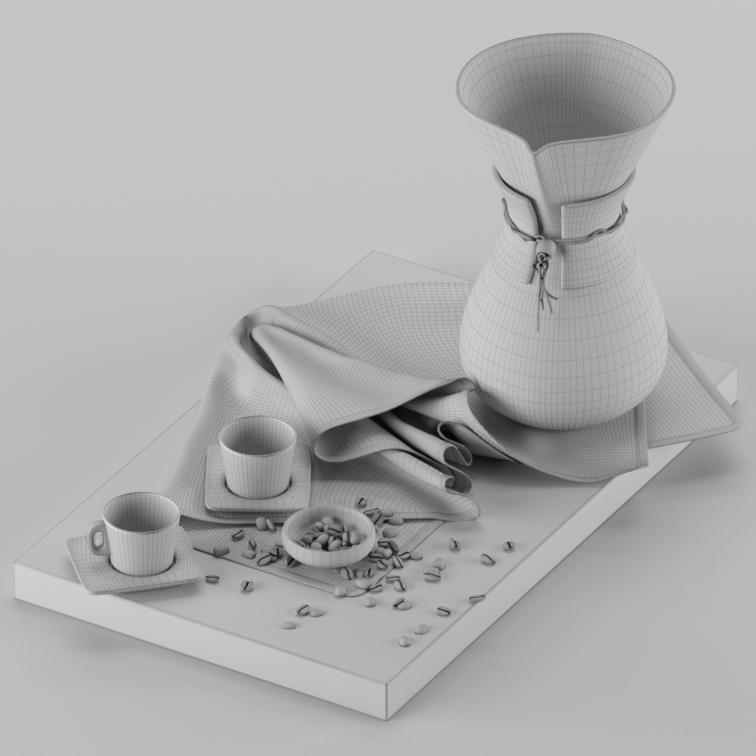 Chemex coffee maker and cups on wooden tray 3D model_32