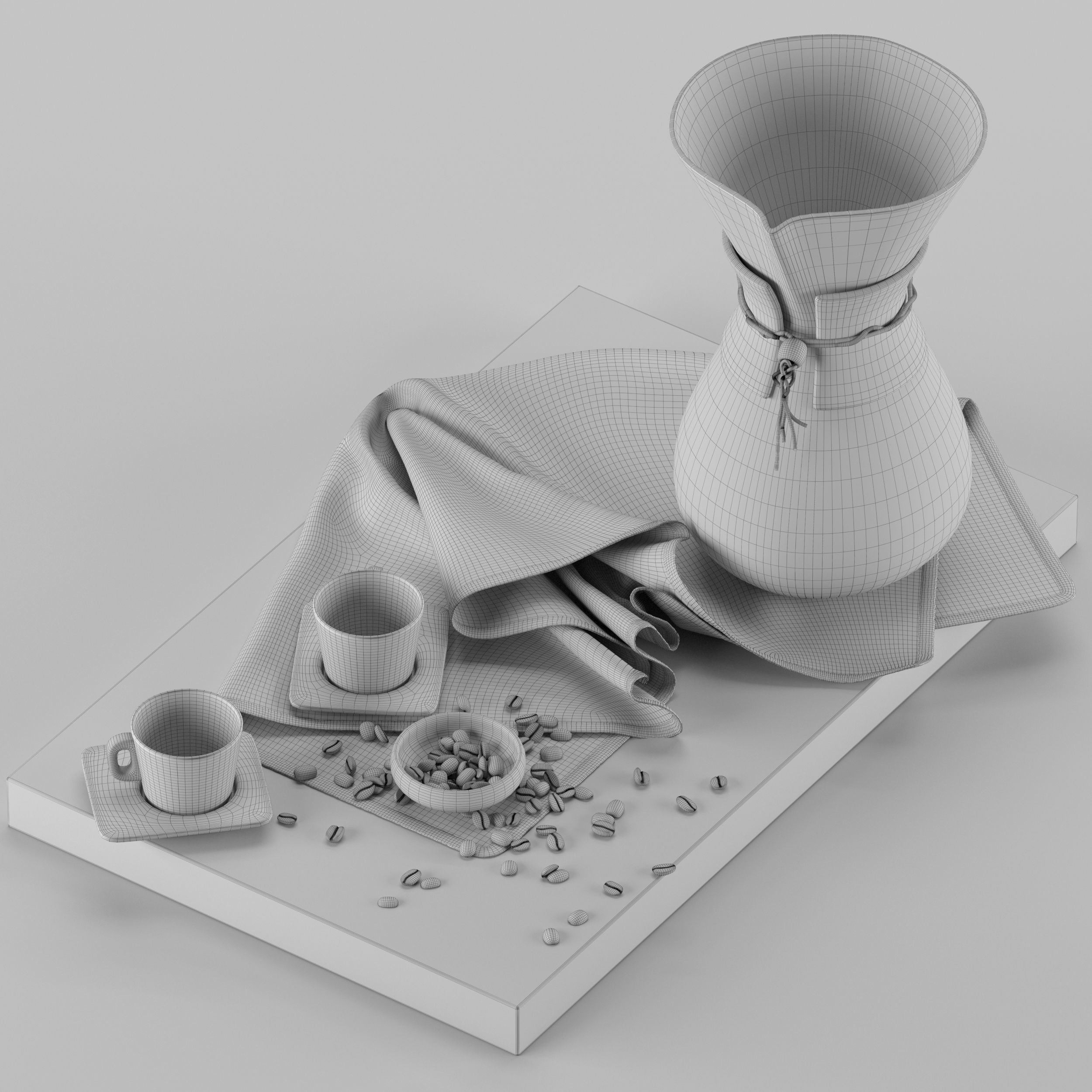 Chemex coffee maker and cups on wooden tray 3D model_23