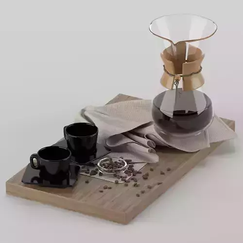 Chemex coffee maker and cups on wooden tray