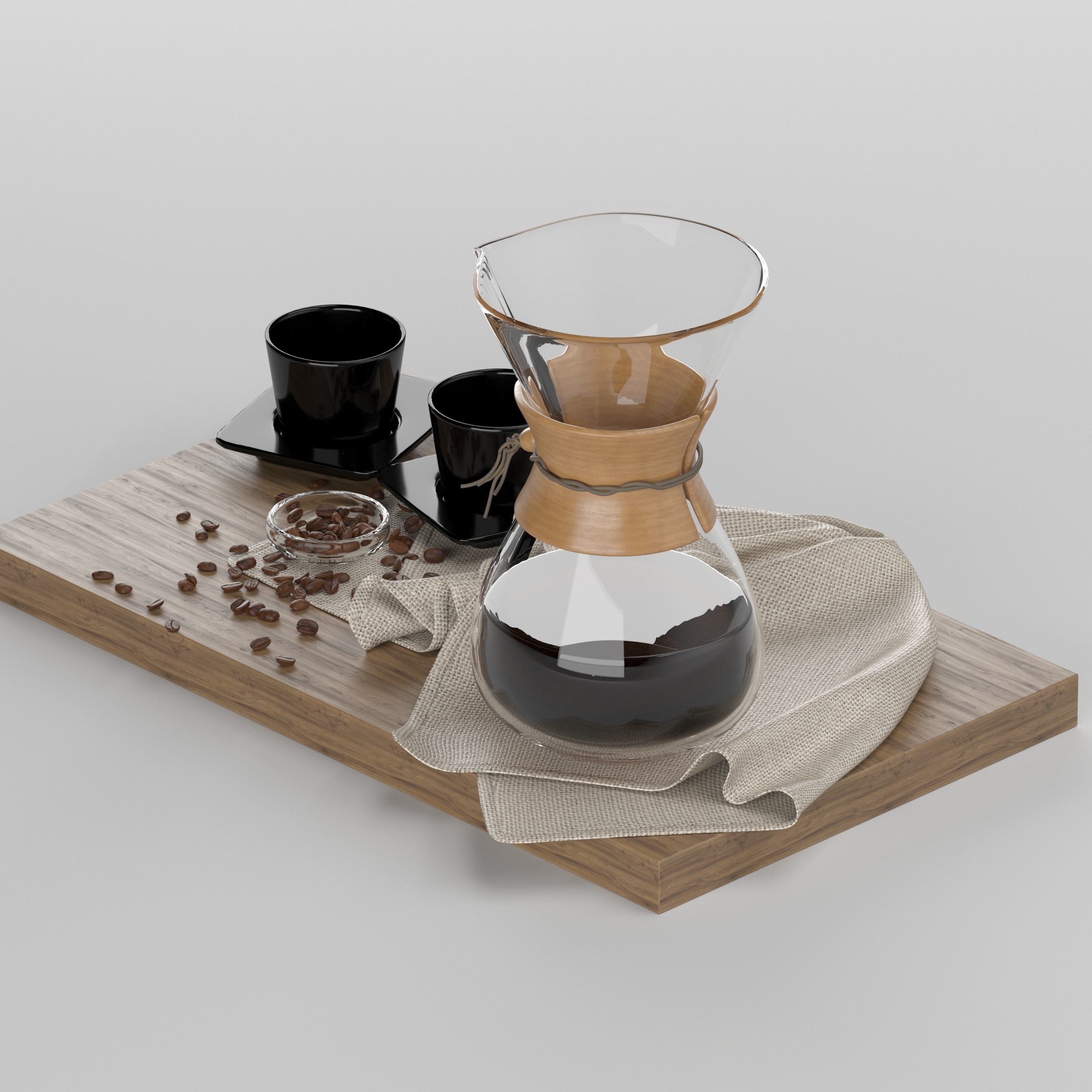 Chemex coffee maker and cups on wooden tray 3D model_2