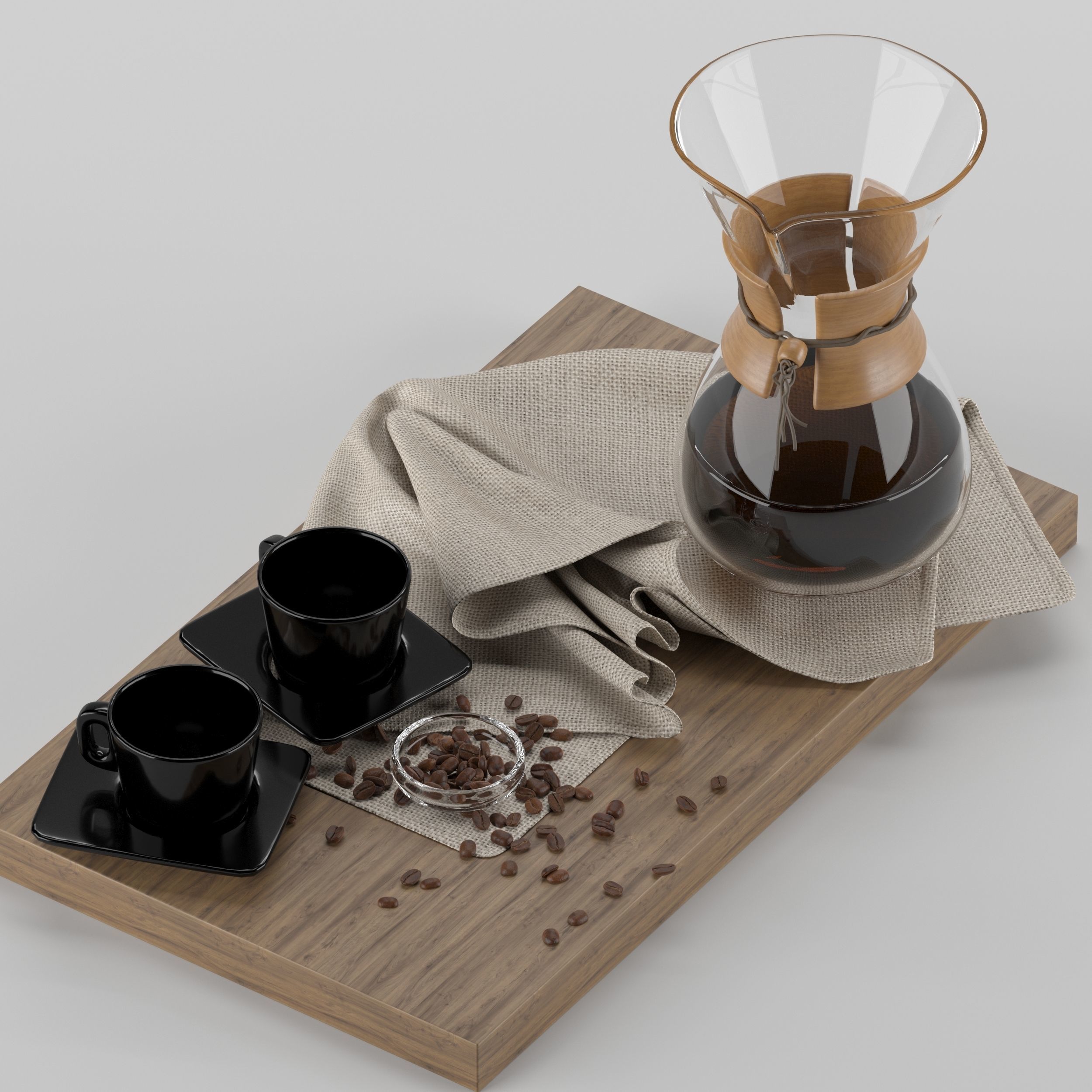 Chemex coffee maker and cups on wooden tray 3D model_4