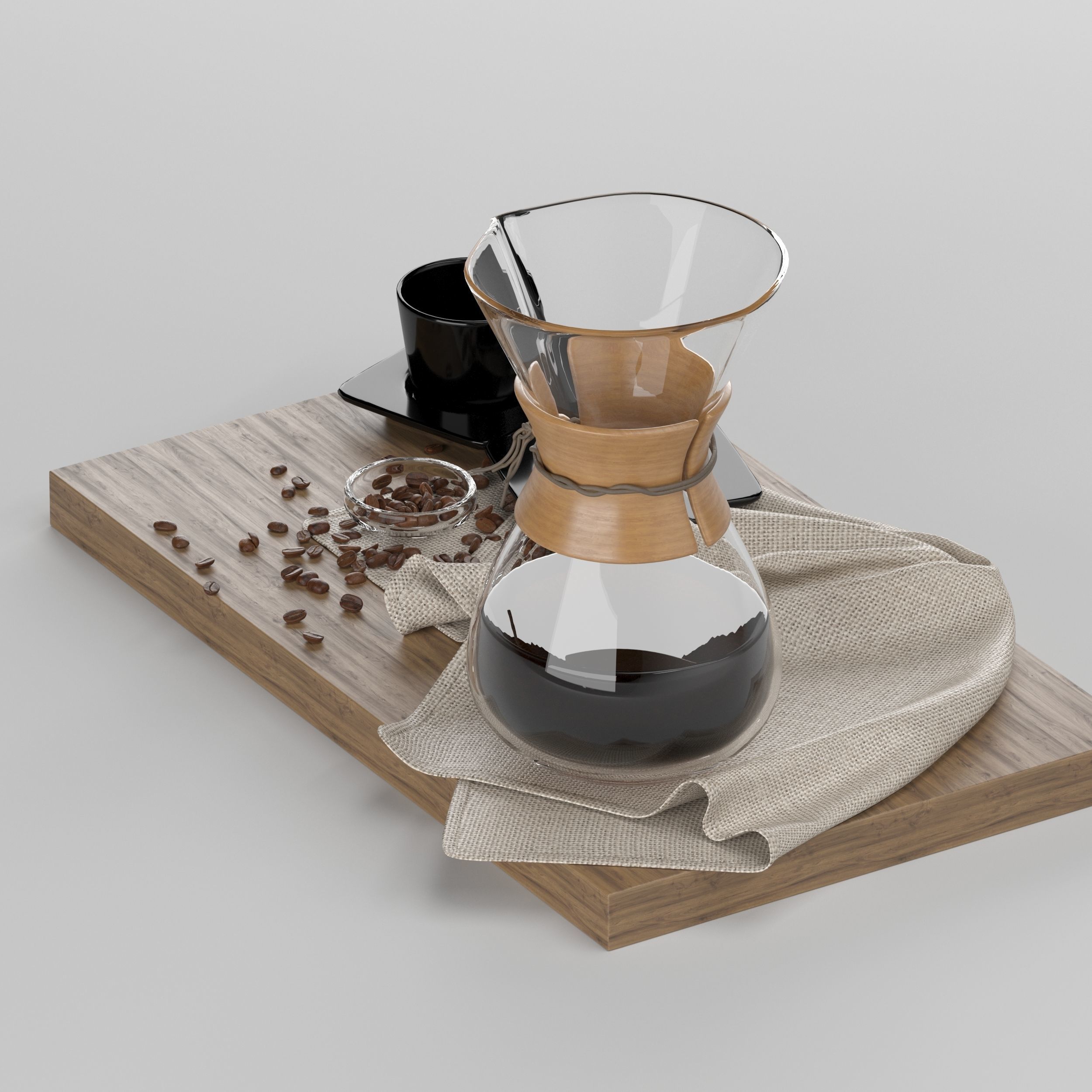 Chemex coffee maker and cups on wooden tray 3D model_1