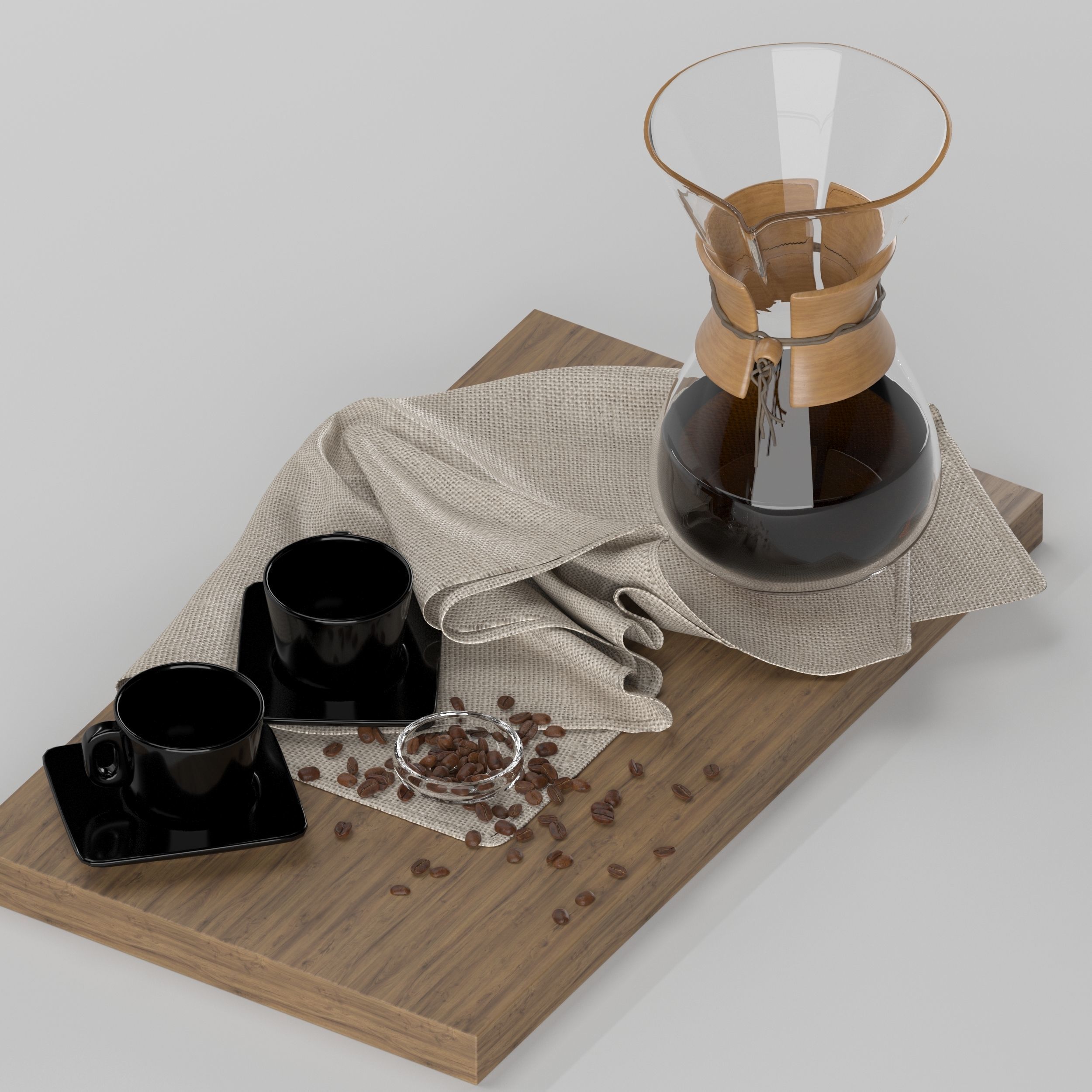 Chemex coffee maker and cups on wooden tray 3D model_14