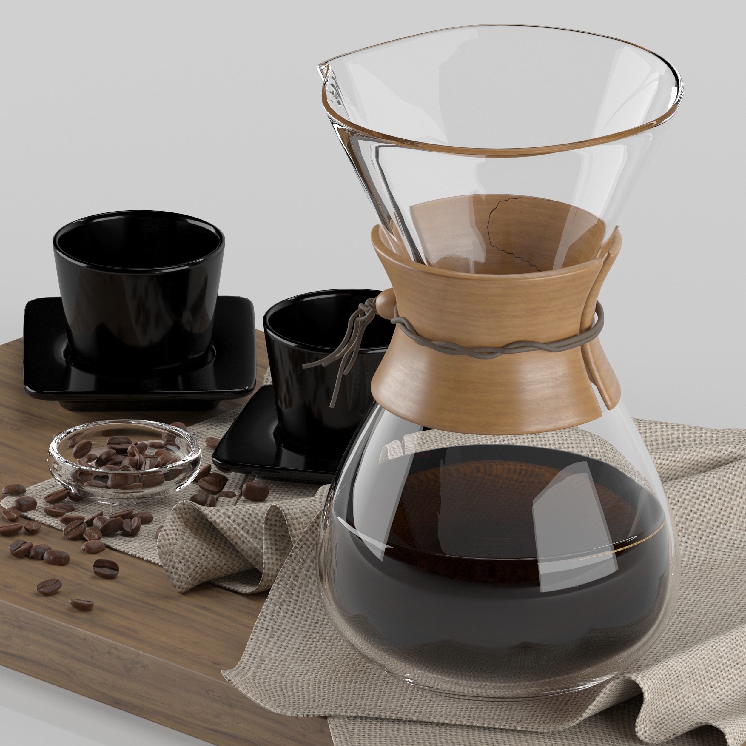 Chemex coffee maker and cups on wooden tray 3D model_12