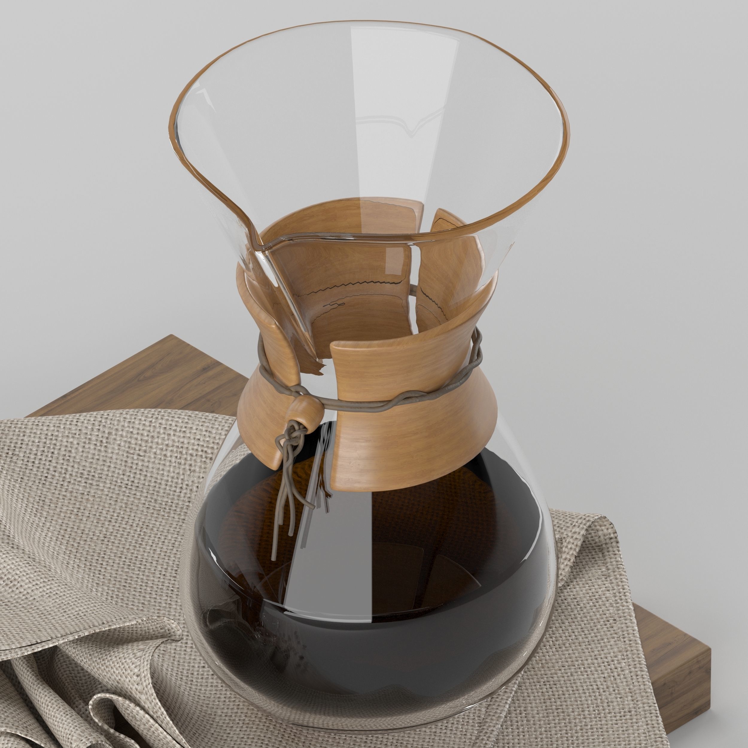 Chemex coffee maker and cups on wooden tray 3D model_17