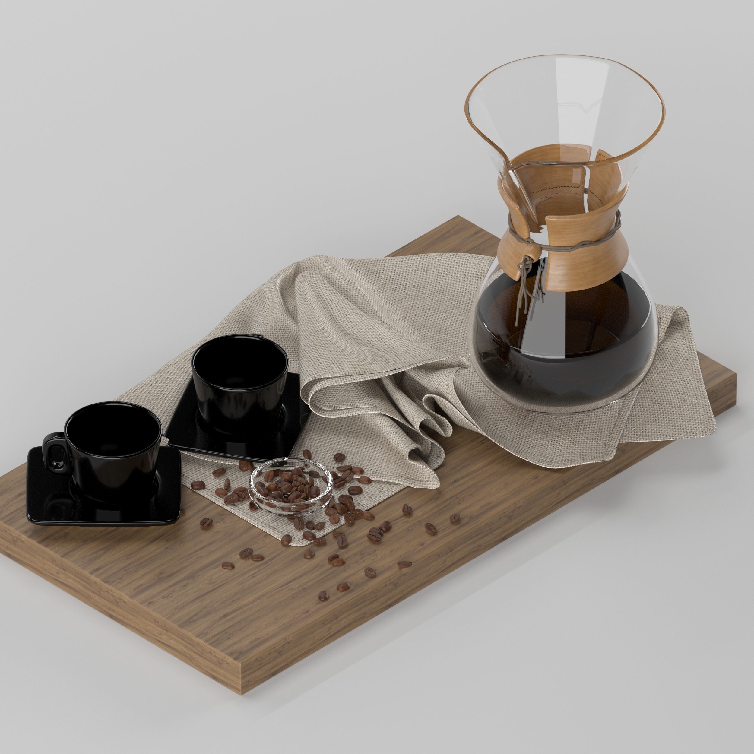Chemex coffee maker and cups on wooden tray 3D model_13