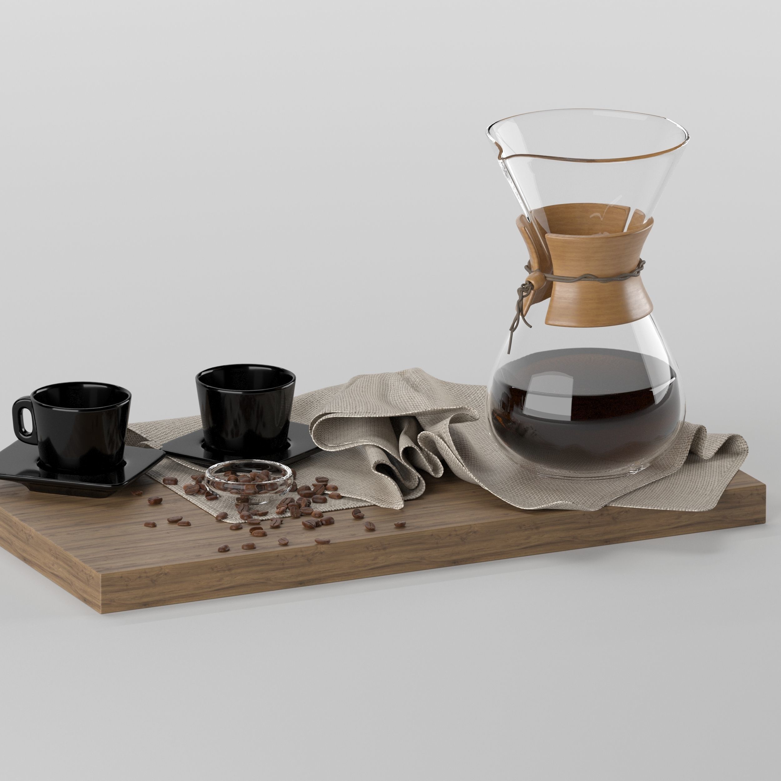 Chemex coffee maker and cups on wooden tray 3D model_5