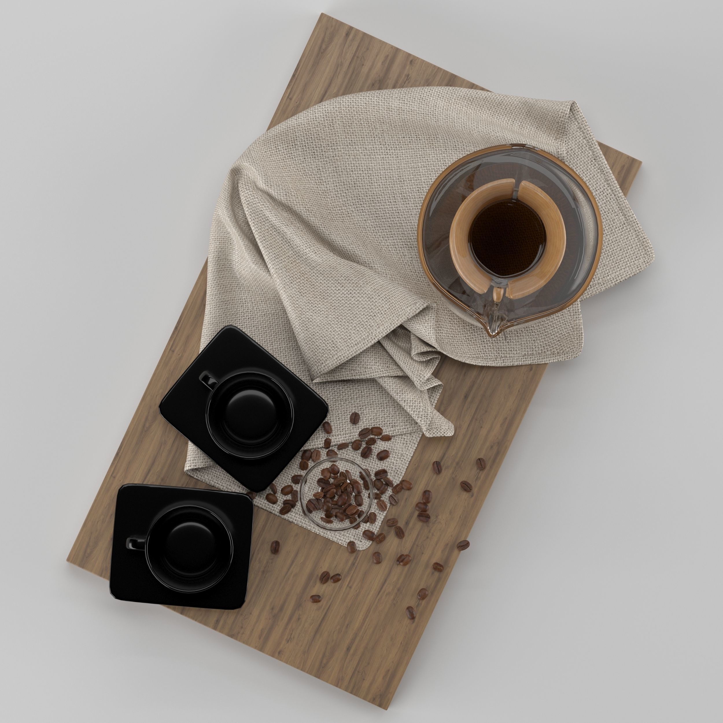 Chemex coffee maker and cups on wooden tray 3D model_8