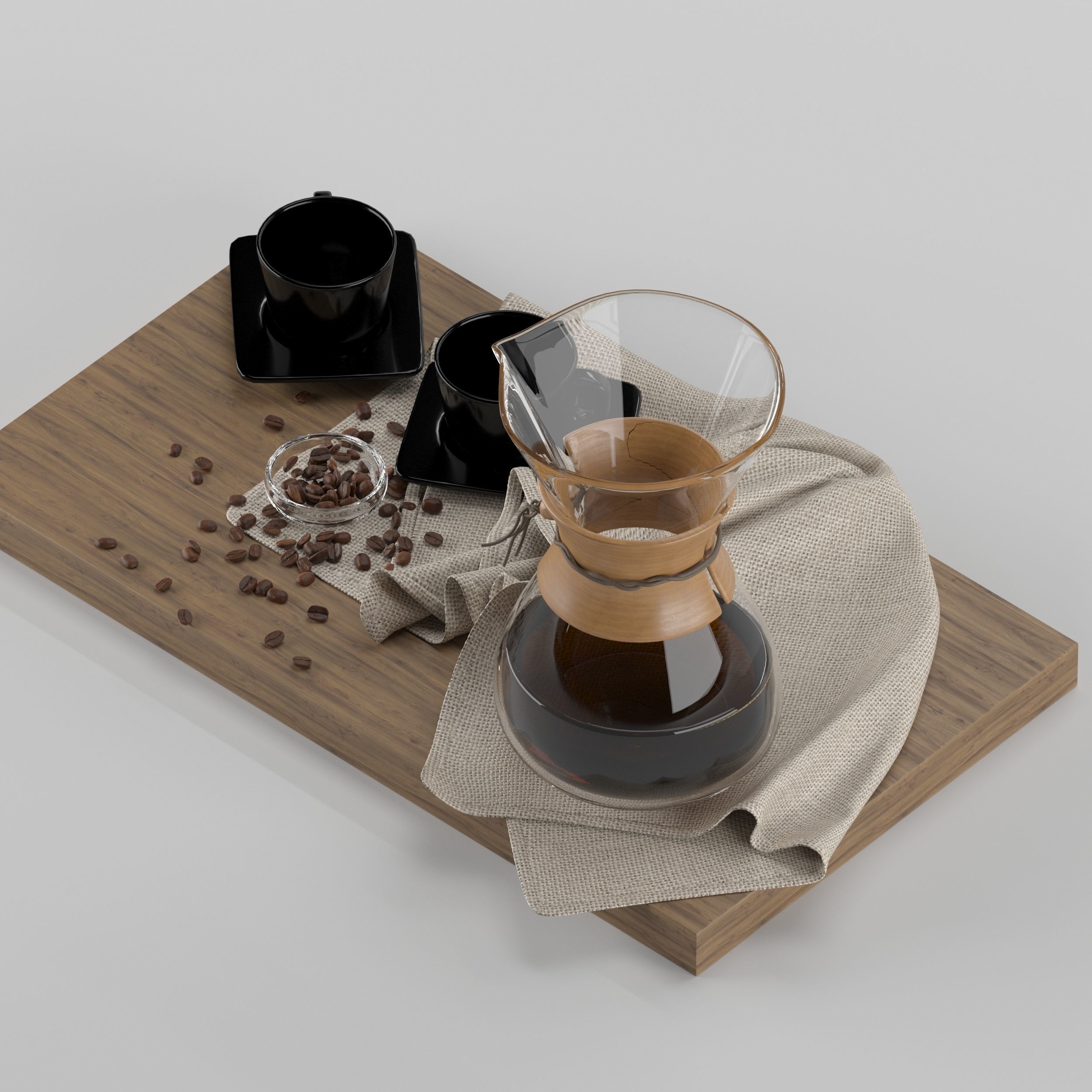 Chemex coffee maker and cups on wooden tray 3D model_11