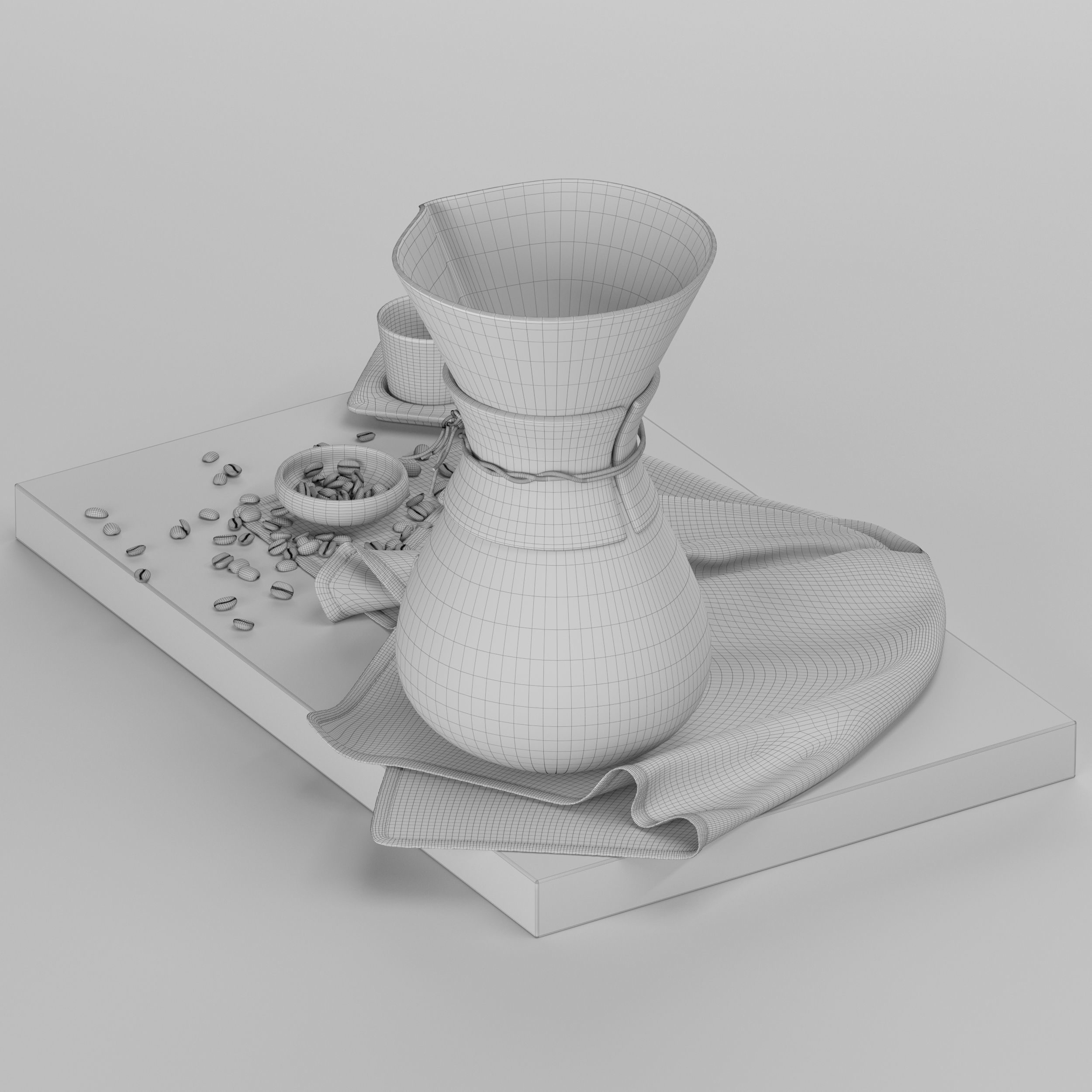 Chemex coffee maker and cups on wooden tray 3D model_28