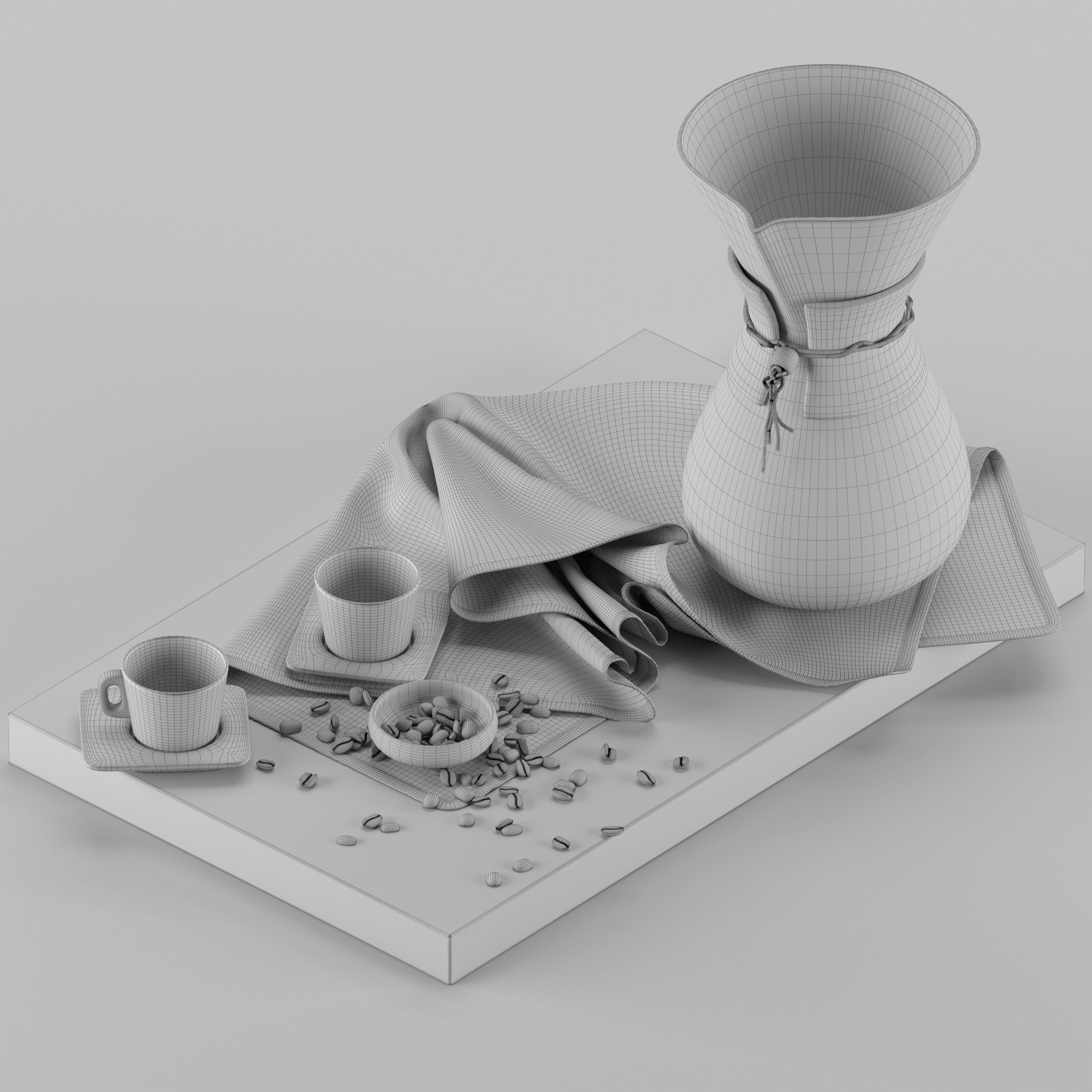 Chemex coffee maker and cups on wooden tray 3D model_30