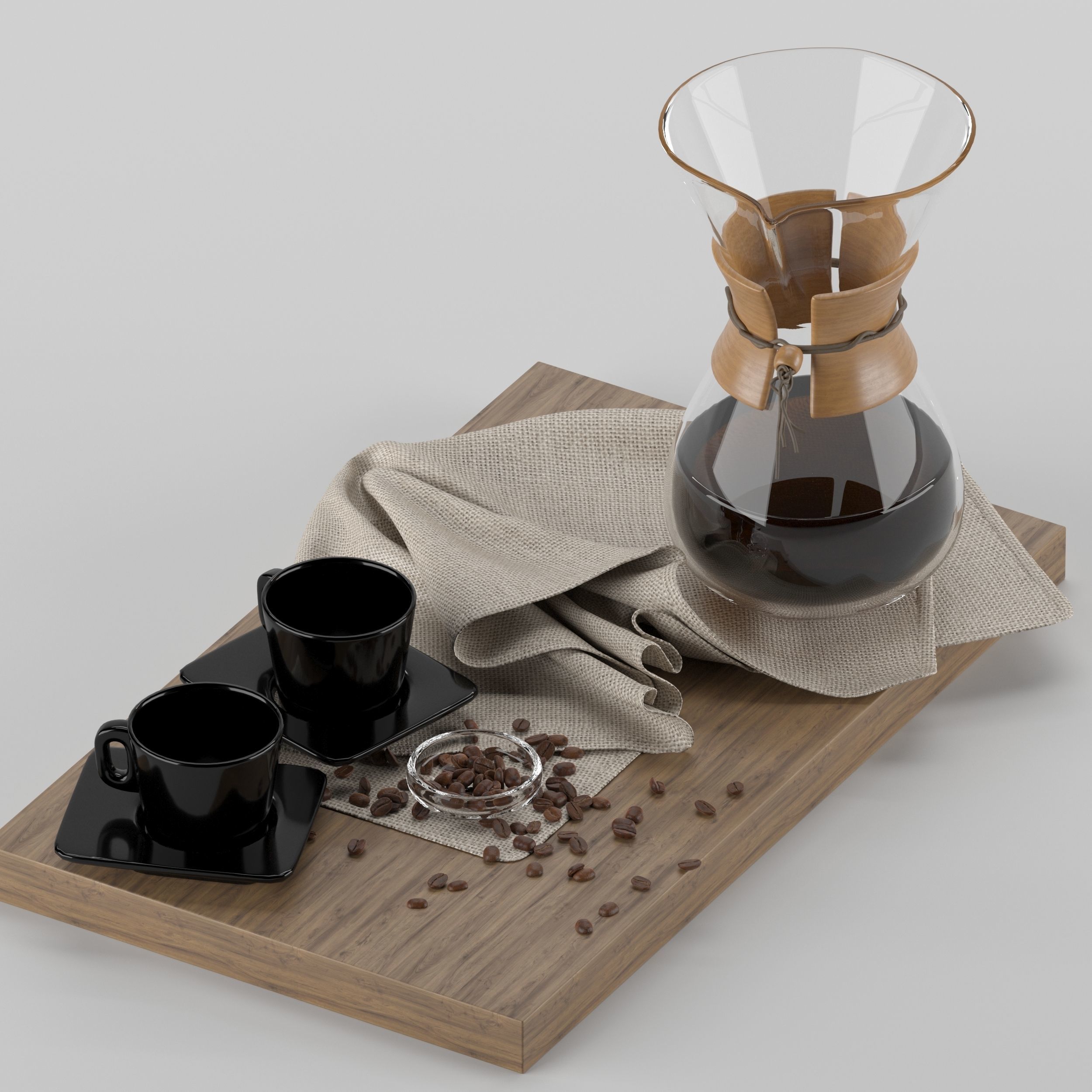 Chemex coffee maker and cups on wooden tray 3D model_20