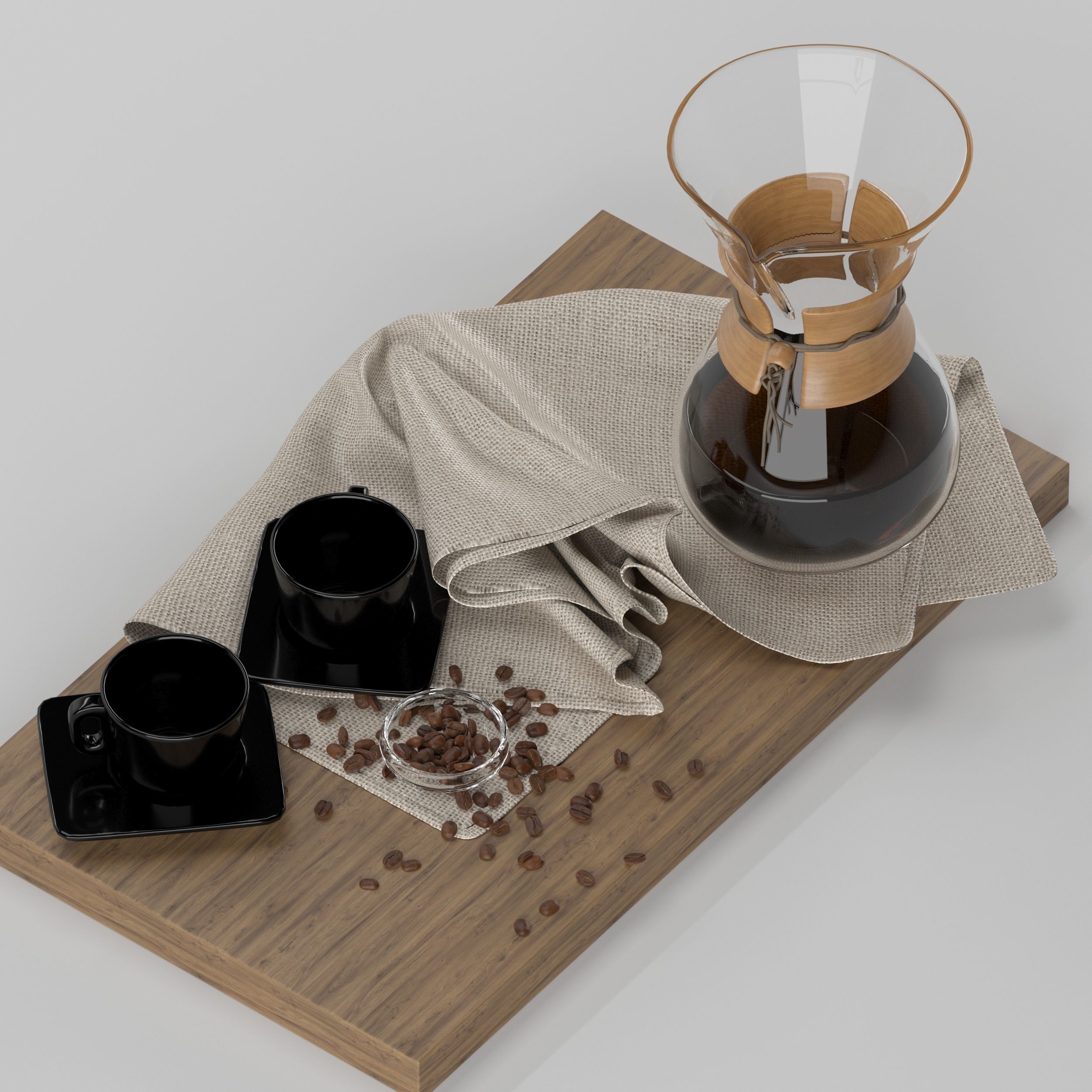 Chemex coffee maker and cups on wooden tray 3D model_16