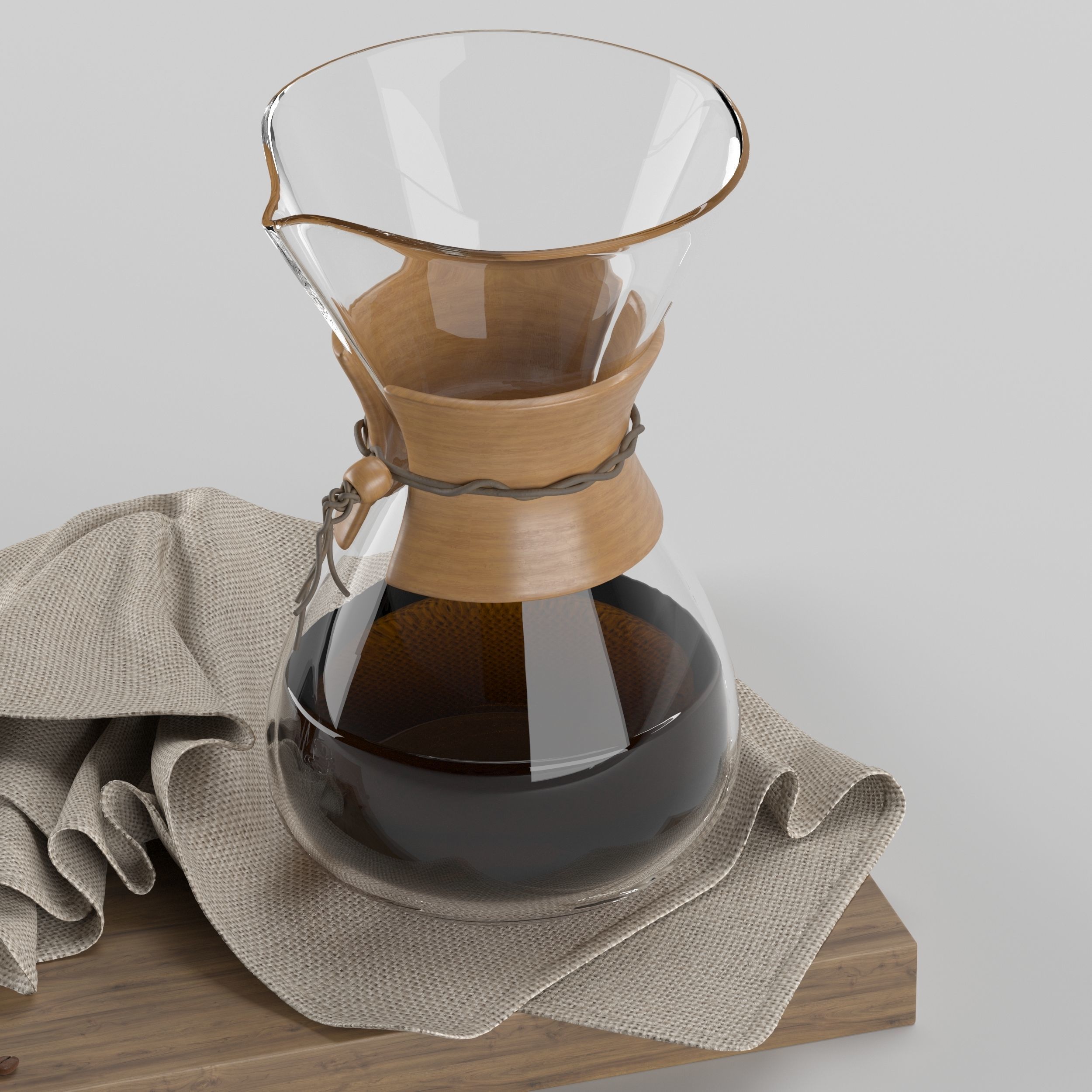 Chemex coffee maker and cups on wooden tray 3D model_7