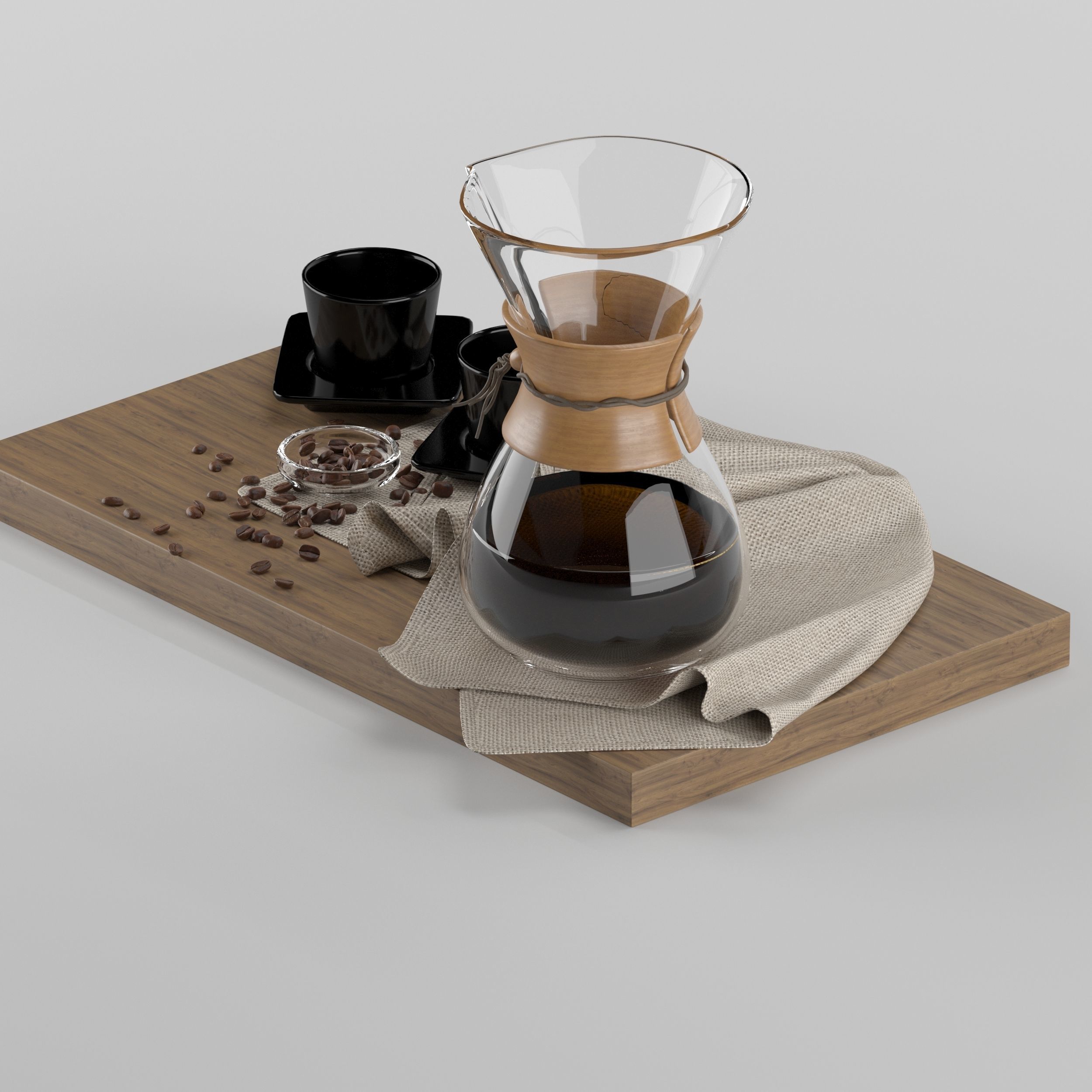 Chemex coffee maker and cups on wooden tray 3D model_9