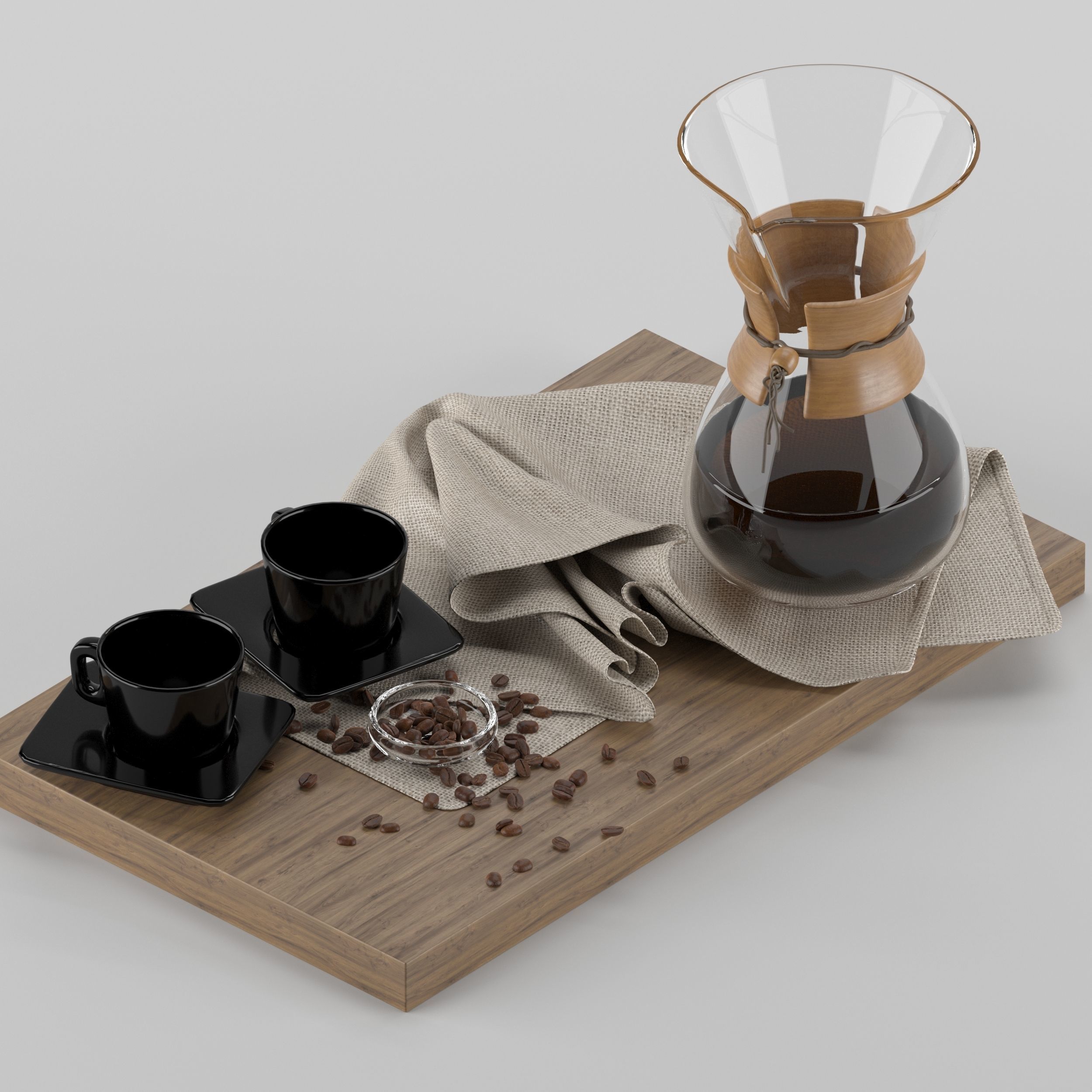 Chemex coffee maker and cups on wooden tray 3D model_18