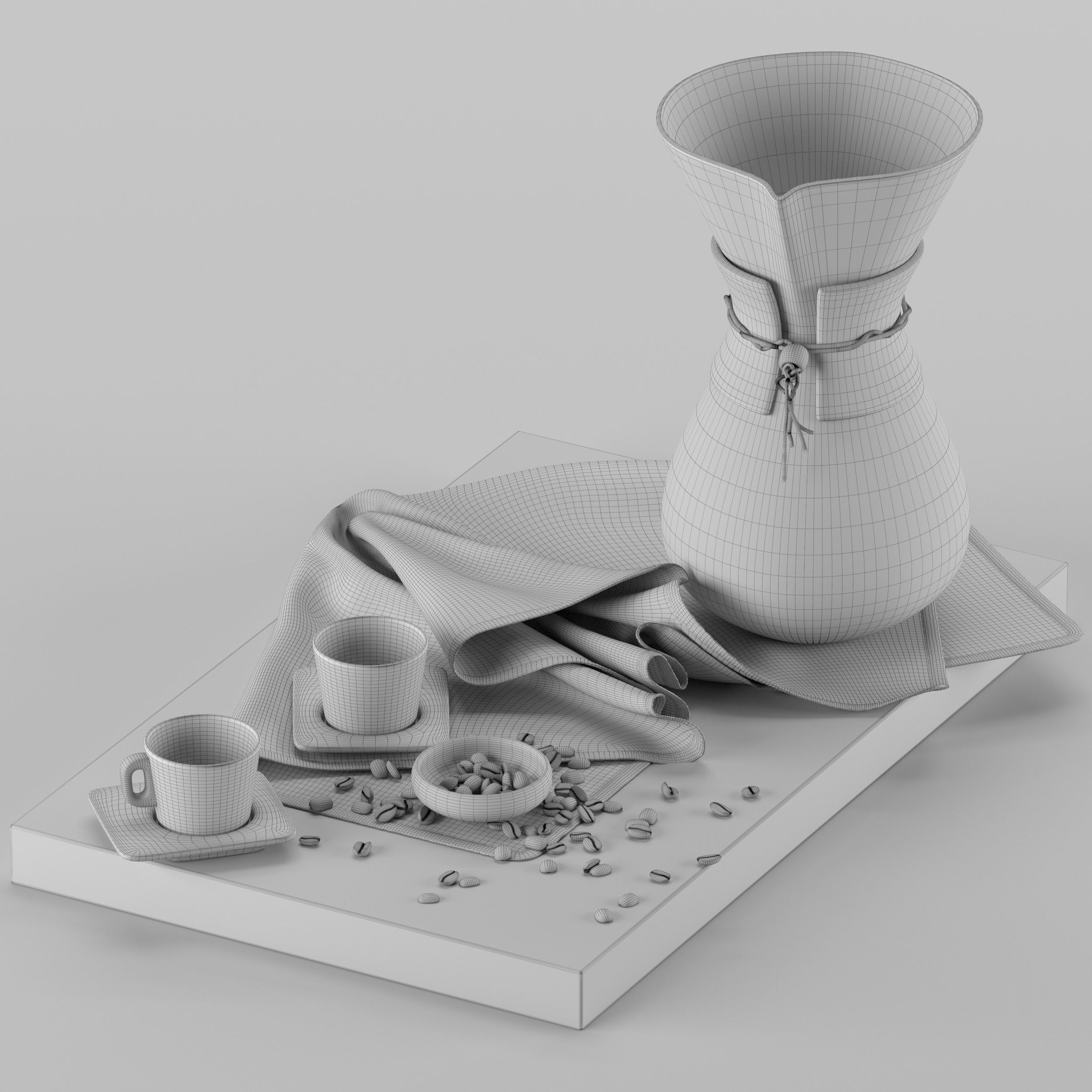 Chemex coffee maker and cups on wooden tray 3D model_19