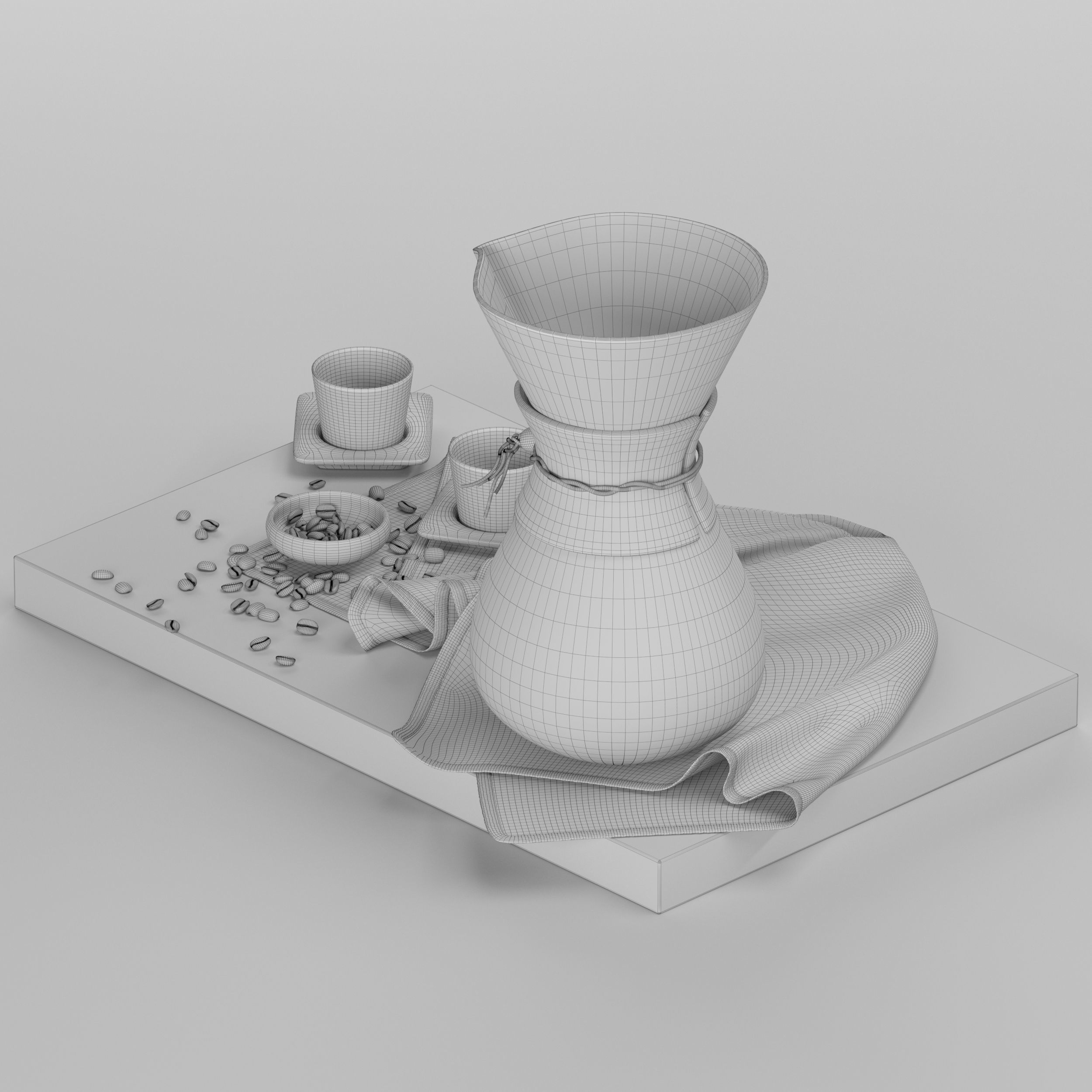 Chemex coffee maker and cups on wooden tray 3D model_24