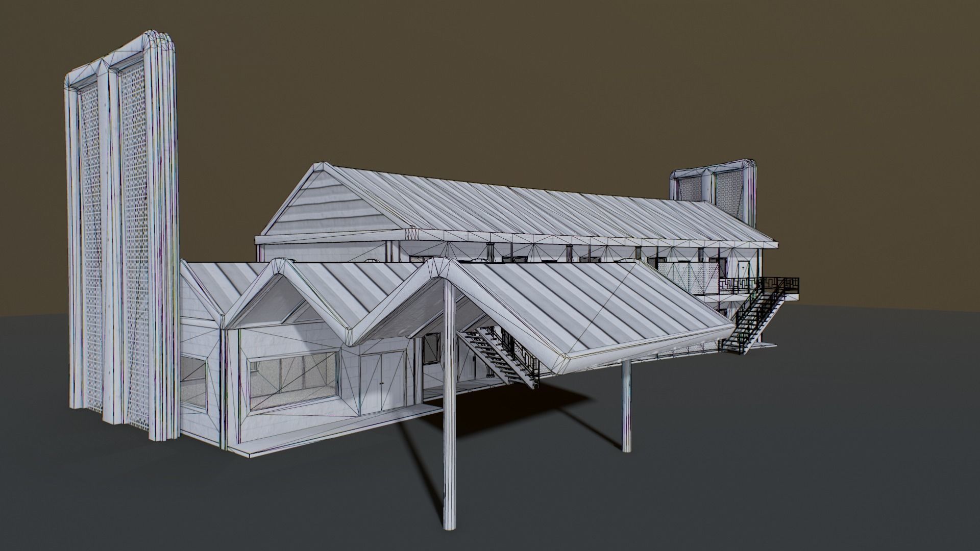Motel wooden house with roof Low-poly 3D model_3
