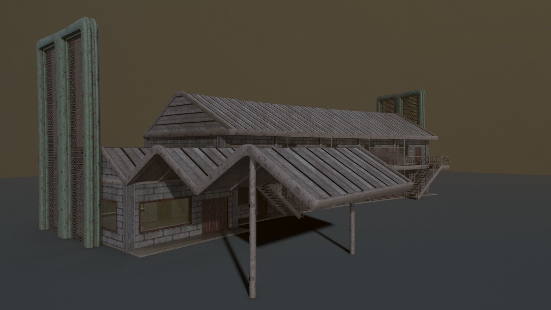 Motel wooden house with roof Low-poly 3D model_2