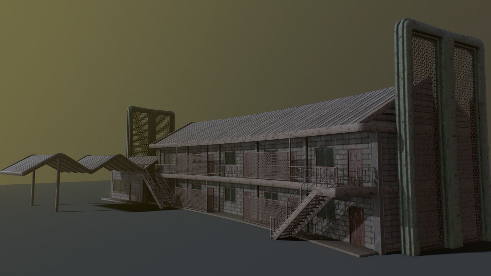 Motel wooden house with roof Low-poly 3D model_4