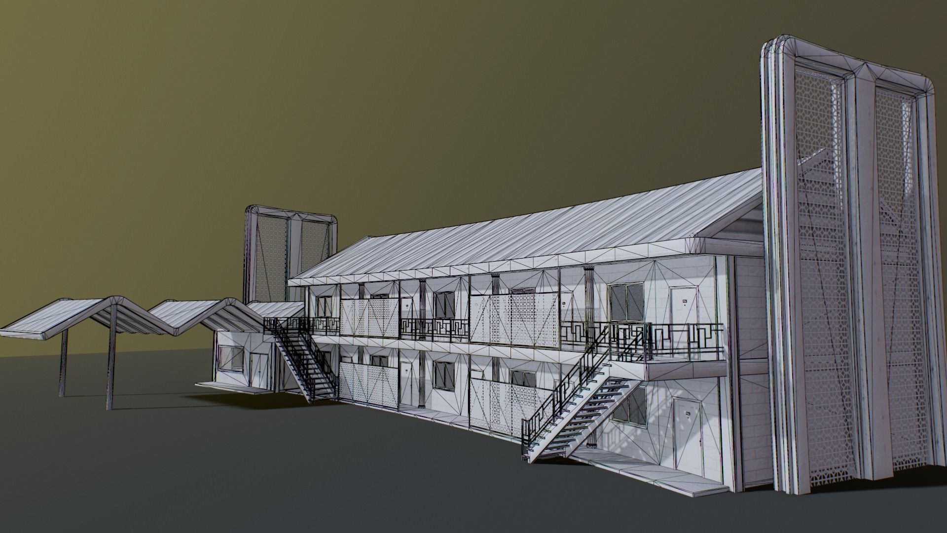 Motel wooden house with roof Low-poly 3D model_5