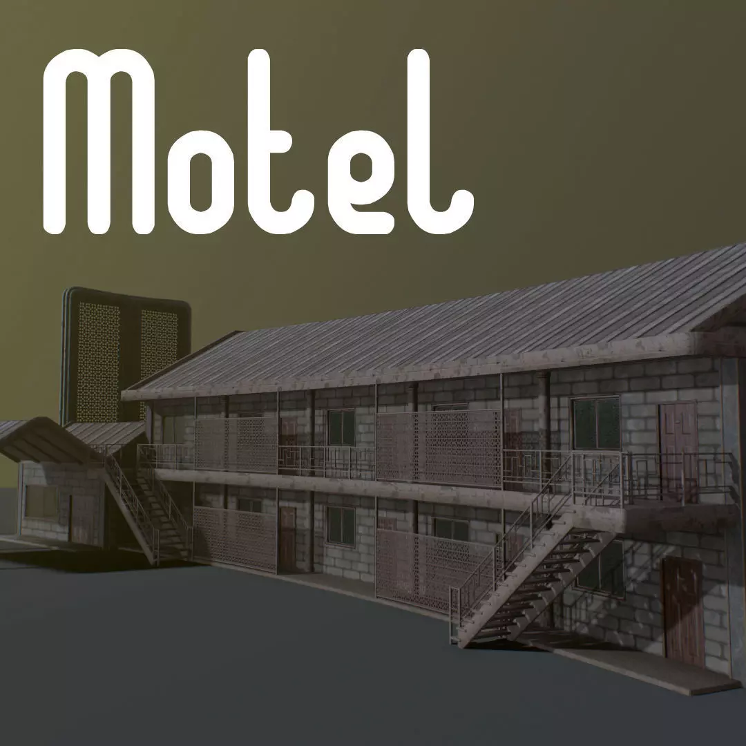 Motel wooden house with roof Low-poly 3D model_0