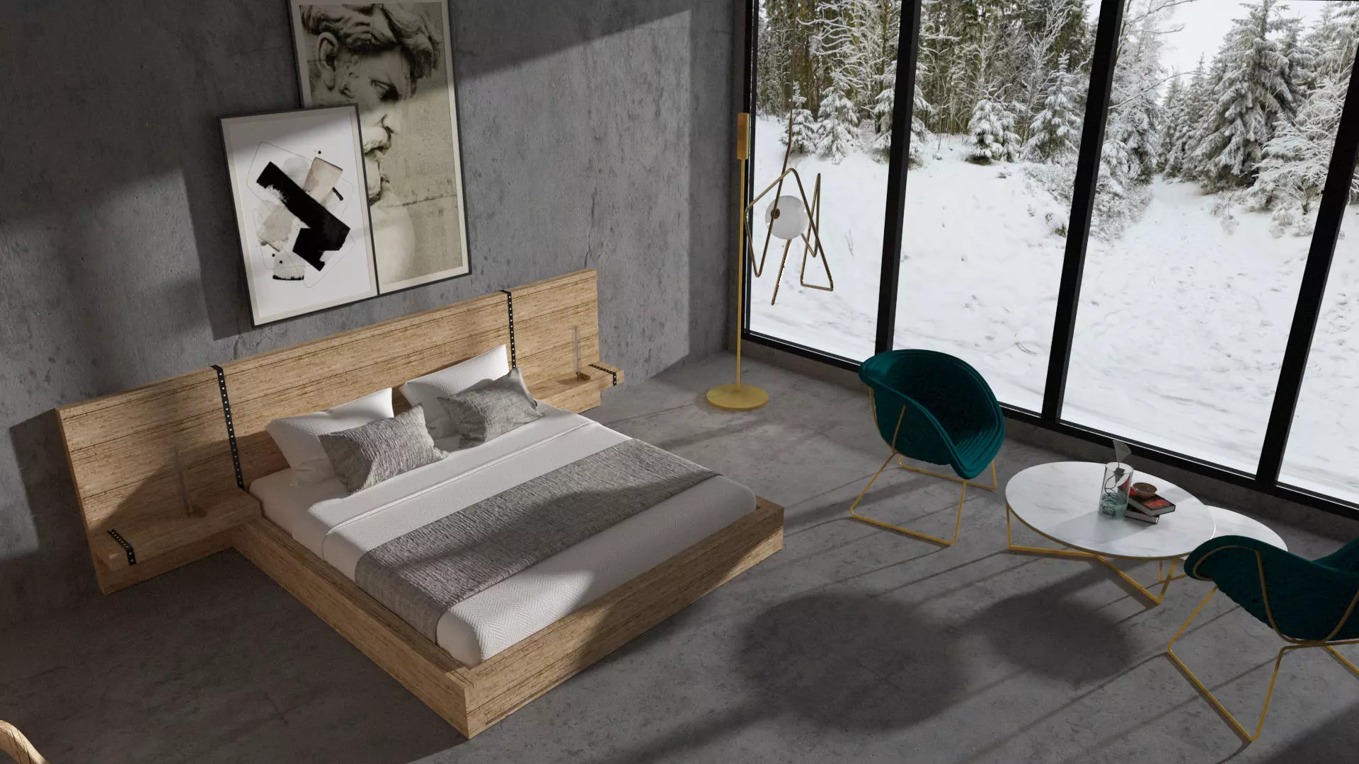 BEDROOM 3D MODEL modern with snowy mountains 3D model_0