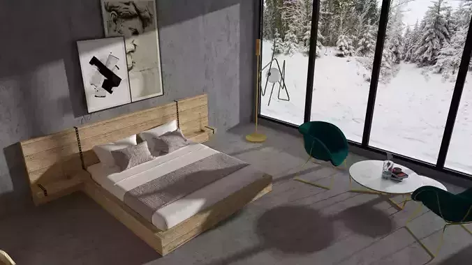 BEDROOM 3D MODEL modern with snowy mountains
