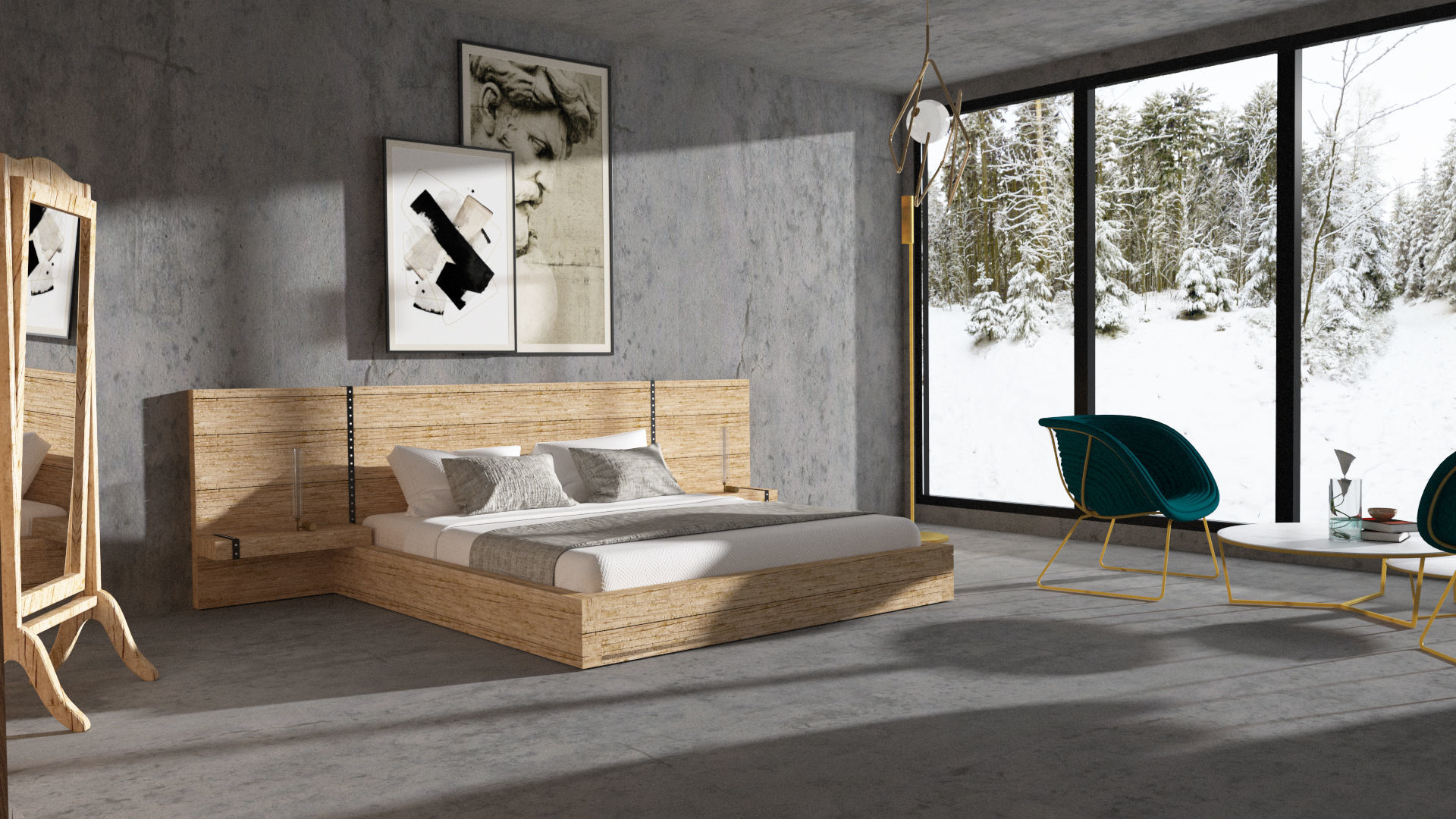 BEDROOM 3D MODEL modern with snowy mountains 3D model_2