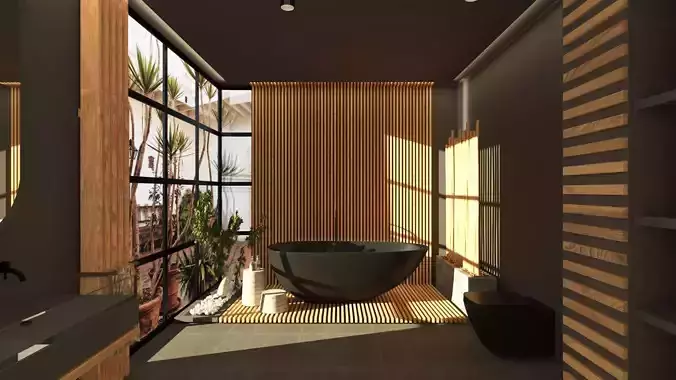 Bathroom 3D MODEL with walls and wooden floors