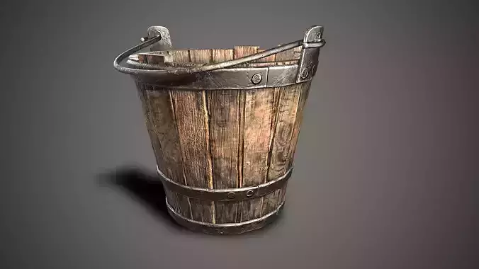 realistic wooden old bucket metal framed