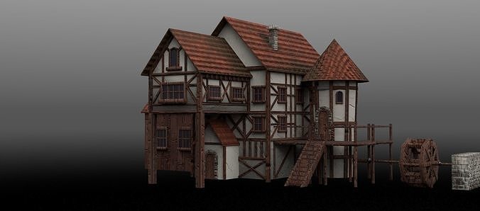 Stylised Water Mill  Low-poly 3D model